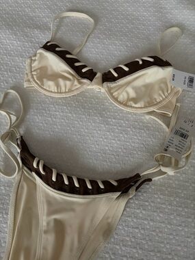 Cream and Brown Lace-Trim Bikini Set